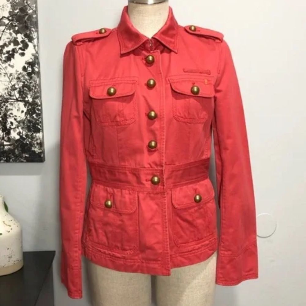 J.Crew XS Coral Orange Preppy Nantucket Cotton Military Style Jacket Blazer